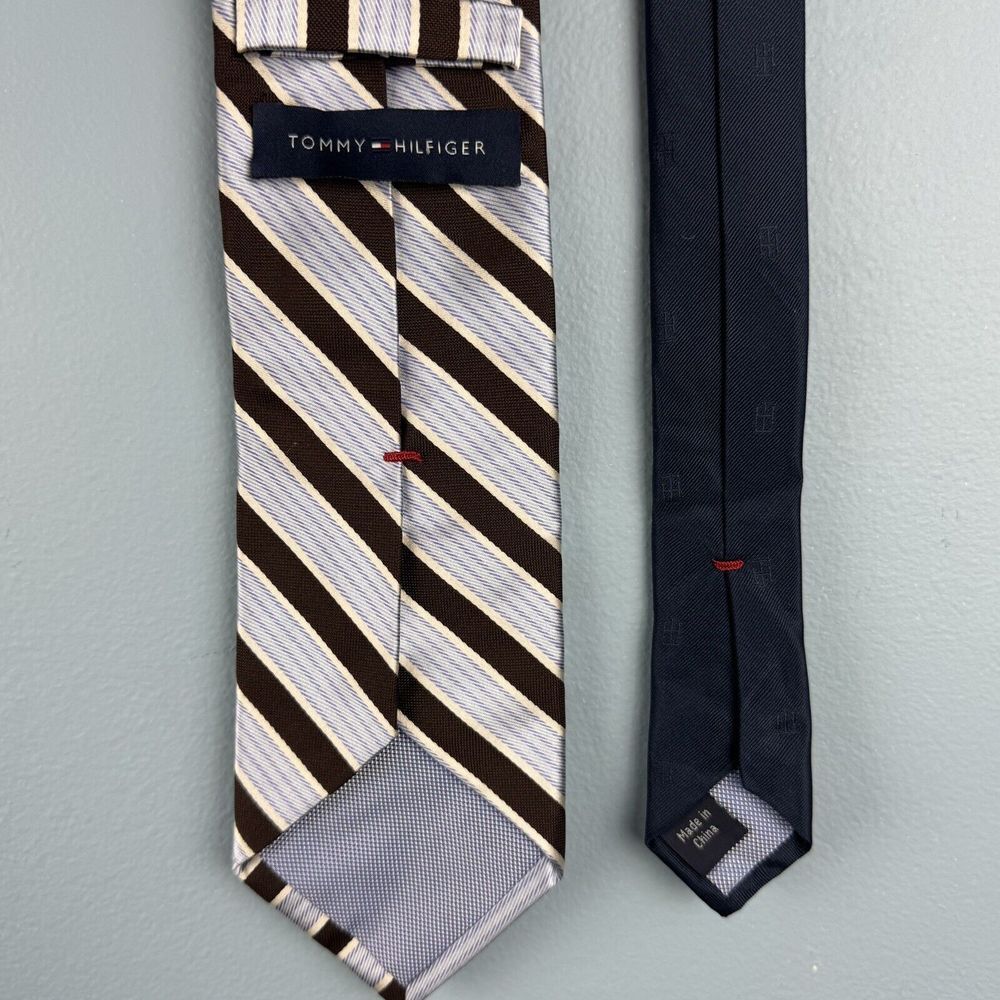 Tommy Hilfiger Men's Blue White Brown Diagonal Striped 3.5" Silk Tie Necktie - Picture 2 of 5